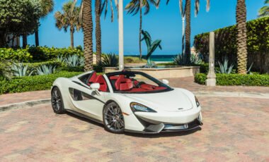 Mclaren 570s Spyder White on Red Luxx Miami miami rental car exotic