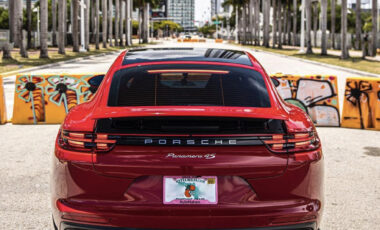 Porsche Panamera Blue on Red exotic rental cars yacht charters Miami