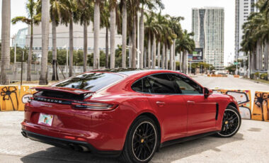 Porsche Panamera Blue on Red exotic rental cars yacht charters Miami