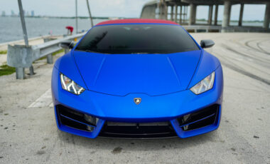 Lamborghini Huracan Spyder Blue on Red exotic rental cars yacht charters Miami