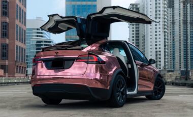 Tesla Model X Pink Gold on White exotic rental cars yacht charters Miami