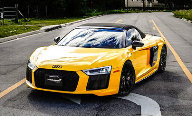 Audi R8 Yellow on Black exotic rental cars yacht charters Miami