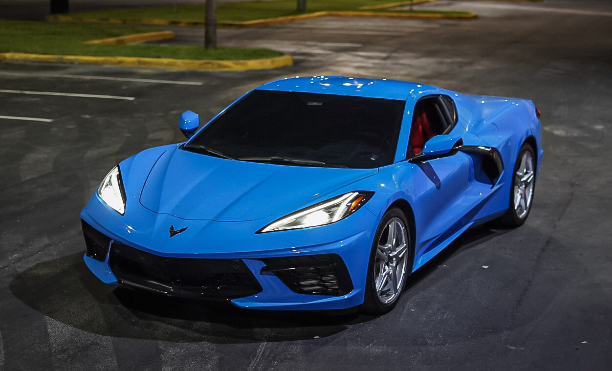 Chevrolet Corvette C8 Blue on Red and Black exotic rental cars yacht charters Miami